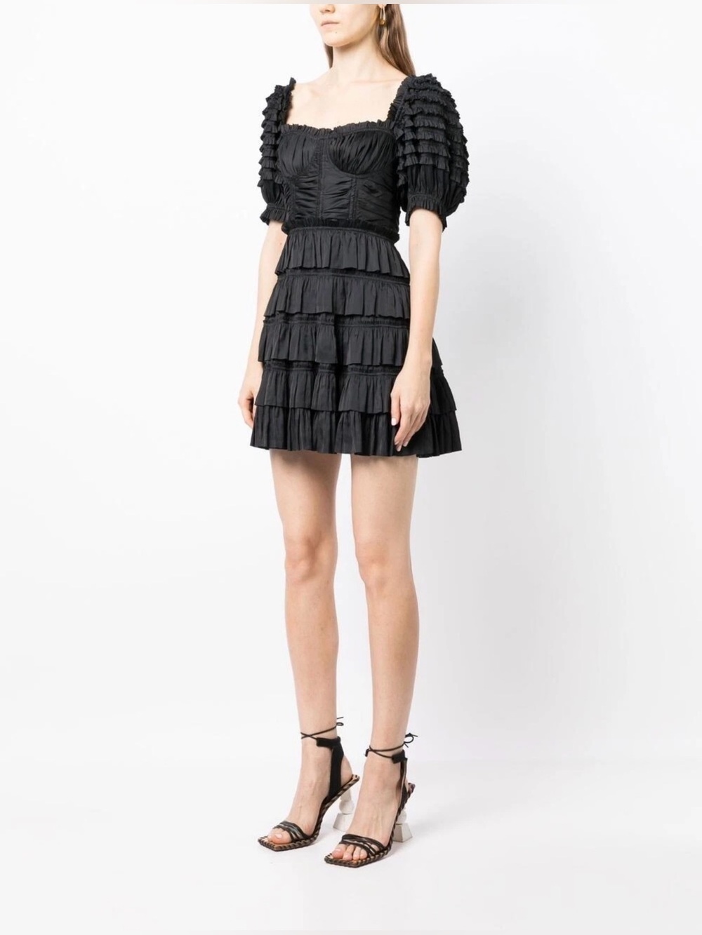 Ulla Johnson Black Ruffle Mini Dress Size 12 NWOT Square Neck Puff Sleeve - Picture 5 of 5